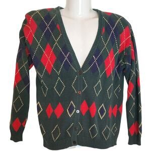 VTG Sportables Argyle Cardigan Women's Med Green, White & Red Cotton Blend